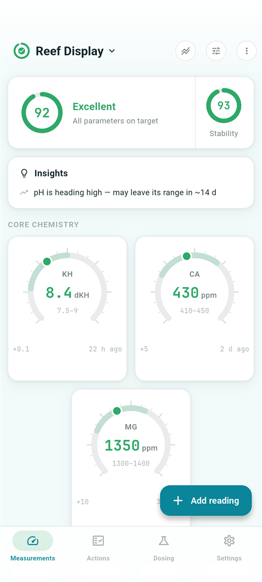 ReefTracker dashboard with tank health score and parameter gauges