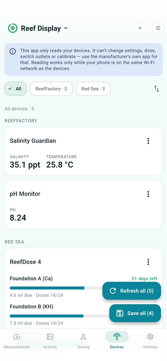 Connected Devices tab with live local equipment