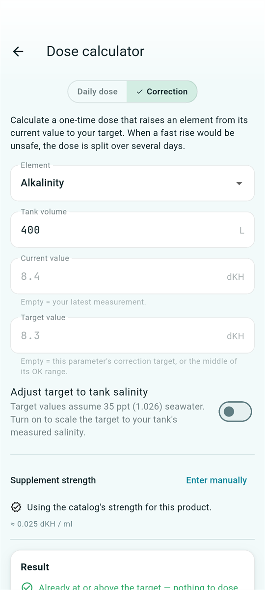 Dose calculator, correction mode