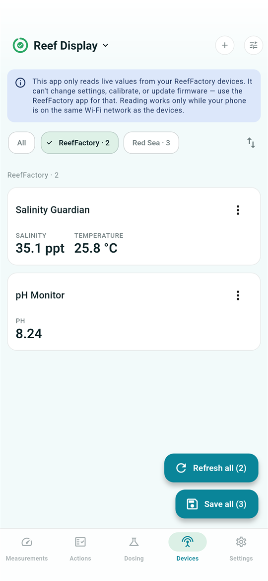 ReefFactory device cards