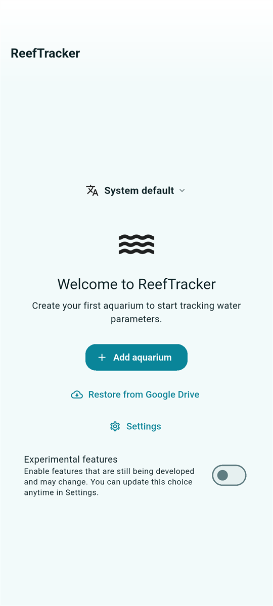 First-run welcome screen with the optional experimental-features switch below Settings